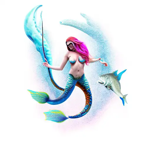 Full Body Mermaid Male With Big Long Tail And Pisces Zodiac Sign