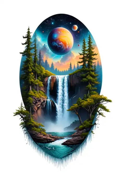 Forest Waterfall With Deep Space Above And Planets