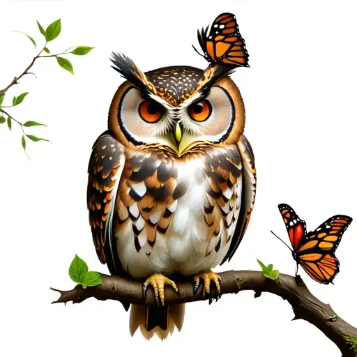 Splatteres Owl On A Branch With A Butterfly On Its Beak
