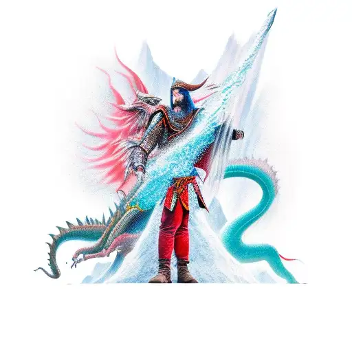 Samuray Wizard Fighting A Dragon In Front Of A Waterfall