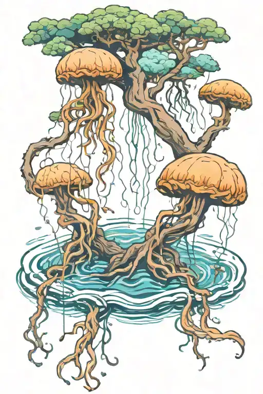Tree Roots Going Into Water With Aquatic Life Jellyfish