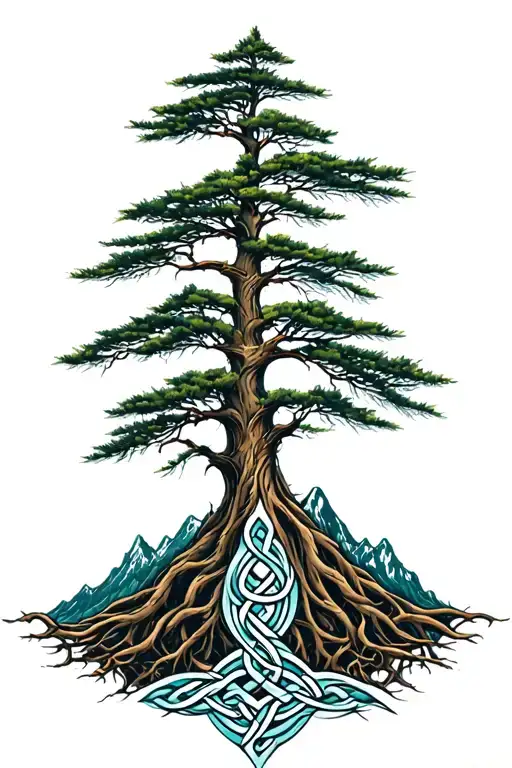 Celtic Knots At The Bottom Turning Into Roots Of Pine Trees Growing Up In Front Of Mountain