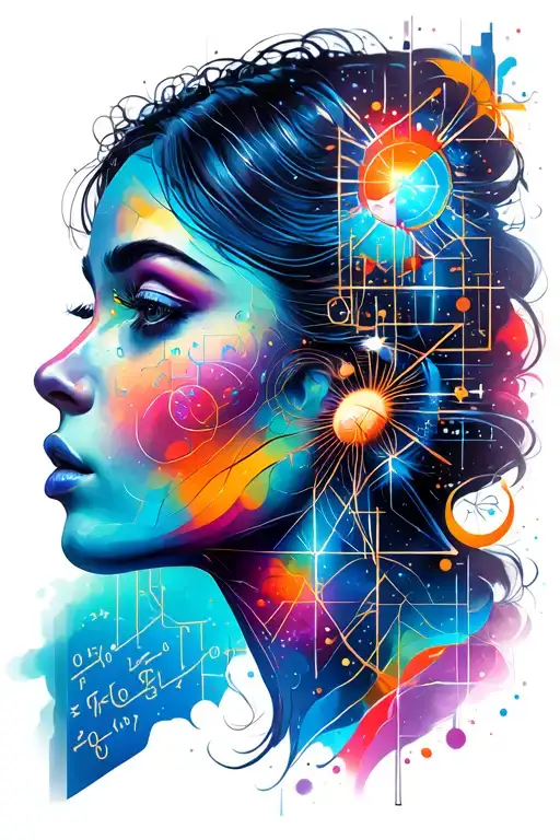Profile Of Woman's Face In Space With Color And Geometric Patterns And Scientific Formula