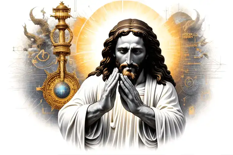 Jesus Blessing With Physics Artifact Drawings In The Background