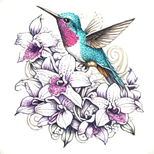 Hummingbird Purple Orchids Intertwined