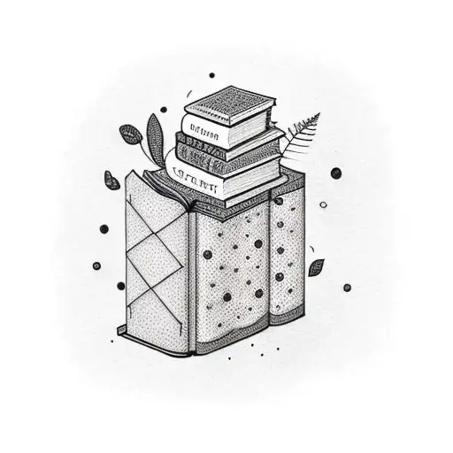 A Dotwork Tattoo Of A Stack Of Books Surrounded By Plants And Coffee Cups