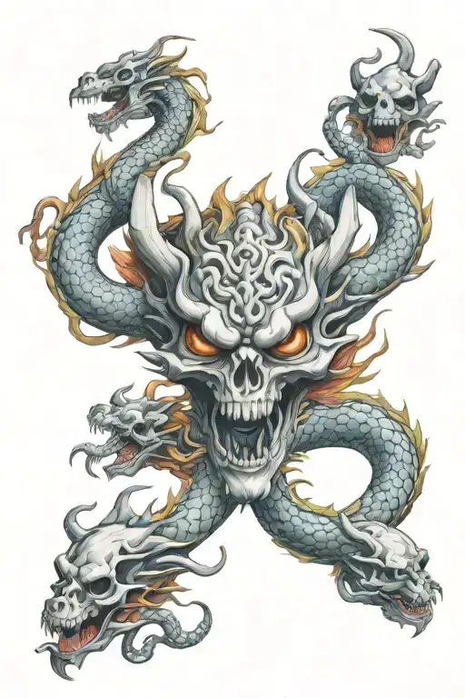 Chinese Dragon And Skulls Surrounded