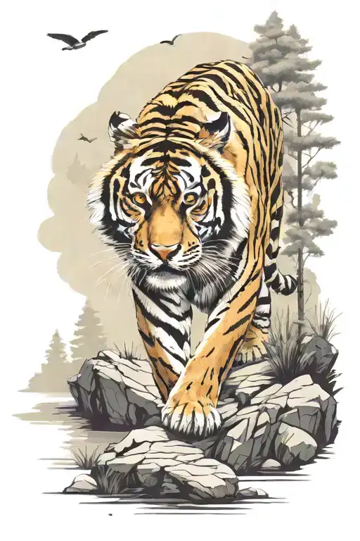 Tiger Walking Down The Rock Road In The Forest To The Lake