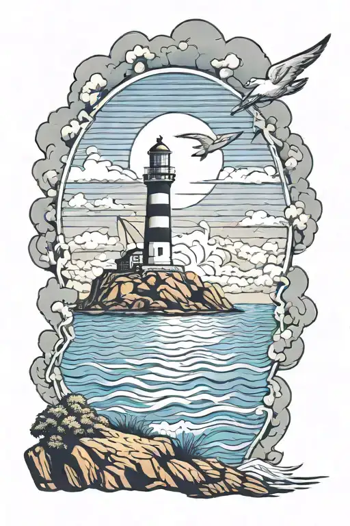 Blue Sky Sun Clouds Lighthouse On Cliff With Sailboat Below