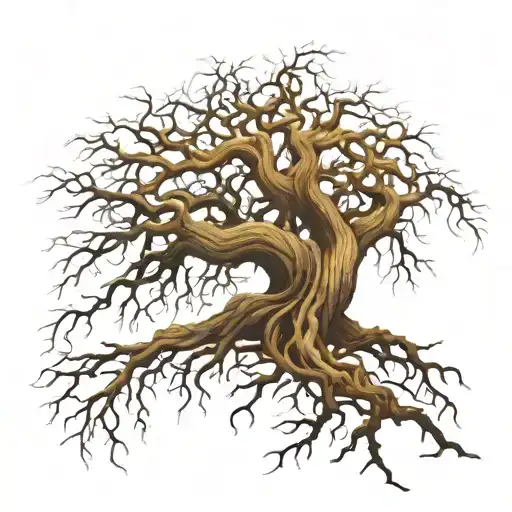 Big Old Tree Roots Exposed And Long Branches With Some Leaves