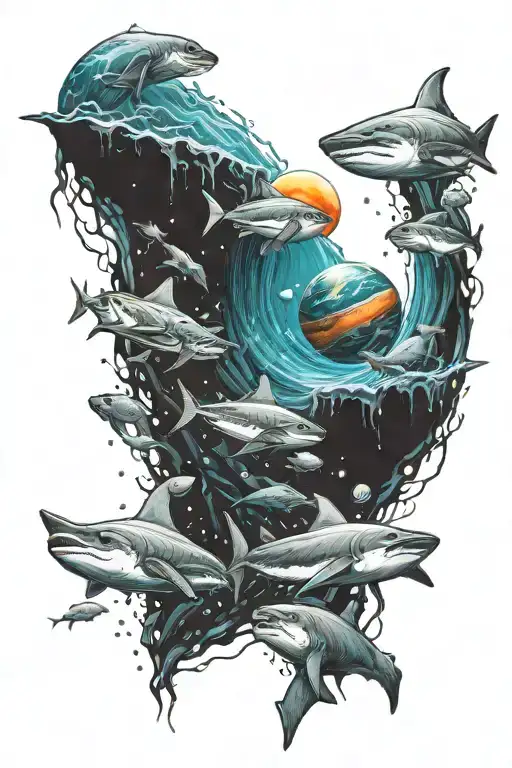 Space With Planets Blending Into Deep Ocean With Squids And Sharks