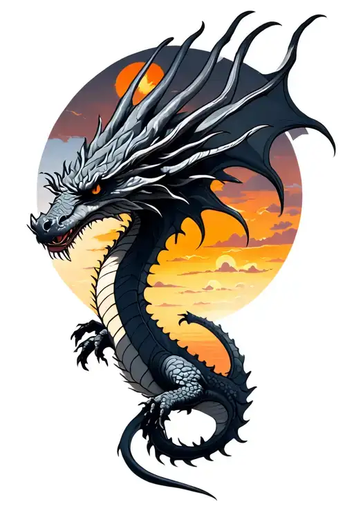 Black And Gray Dragon With Sunset Sky