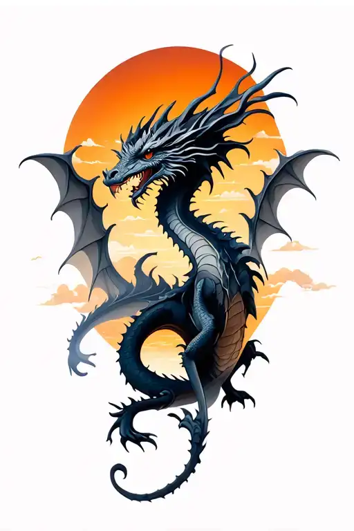 Black And Gray Dragon With Sunset Sky