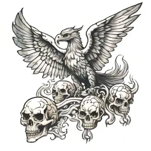 Flying Griffin Soaring With 3 Skulls On Fire Rising