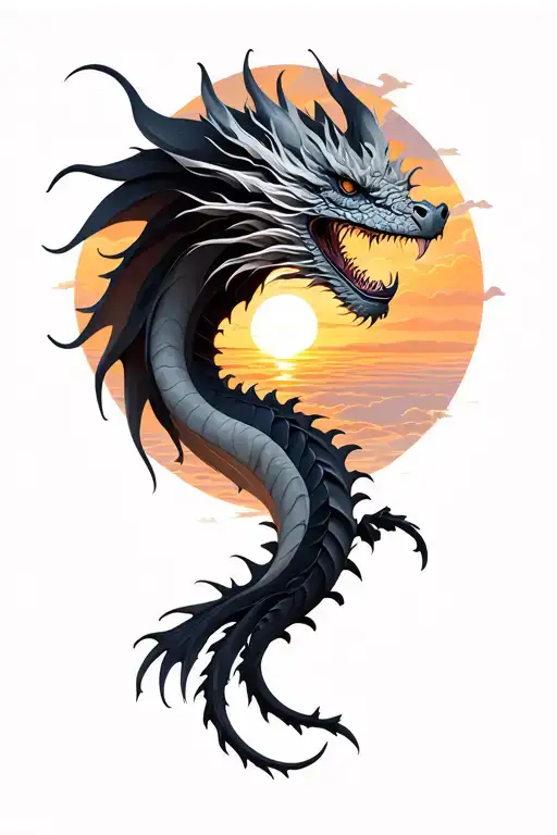 Black And Gray Dragon With Sunset Sky