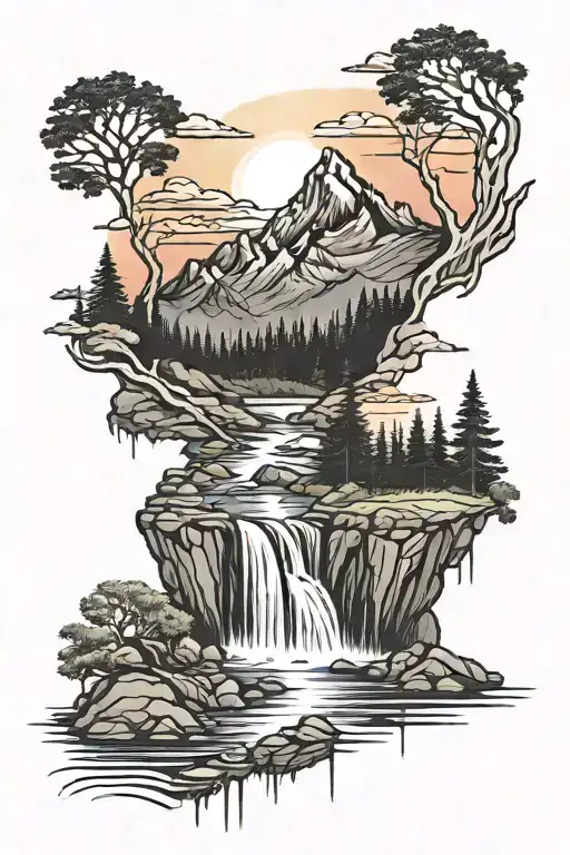 Half Sleeve Tattoo With Mountains Trees Sun Set Waterfall And Lake All Dark Colors