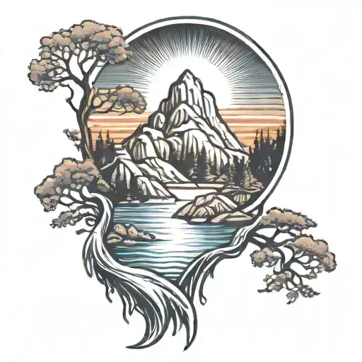 Half Sleeve Tattoo With Mountains Trees Sun Set Waterfall And Lake All Dark Colors