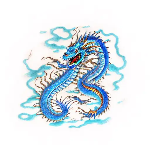 Long Winding Blue Dragon With Whiskers