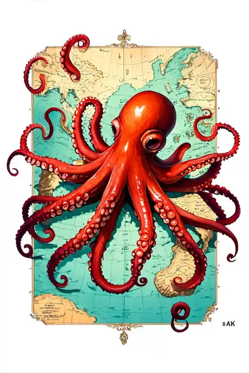 Red Octopus On Treasure Map