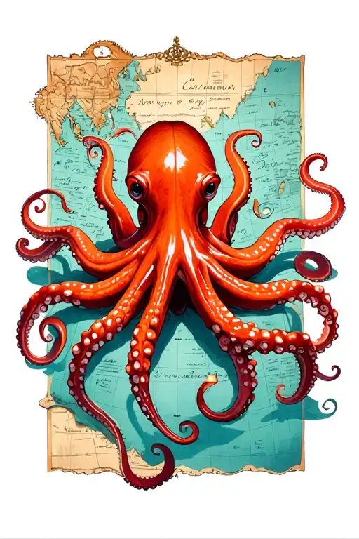 Red Octopus On Treasure Map