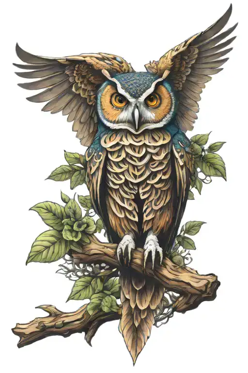 Celtic Owl On Branch With Wings Outstretched Wings