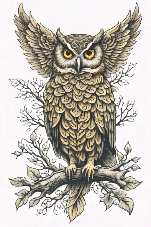 Celtic Owl On Branch With Wings Outstretched Wings