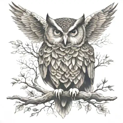 Celtic Owl On Branch With Wings Outstretched Wings