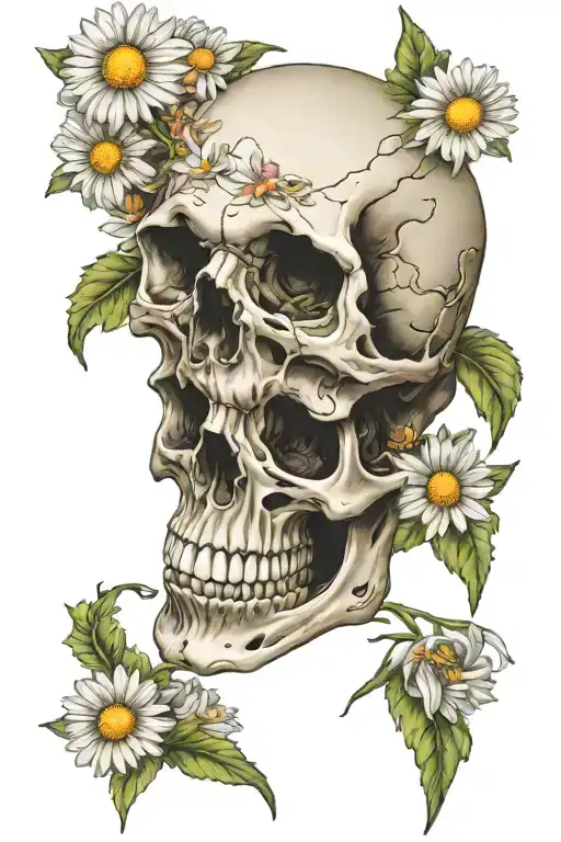 Skull Laying With Daisies Growing