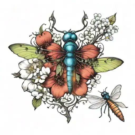 Dogwood Flowers And Dragonfly Surrounded