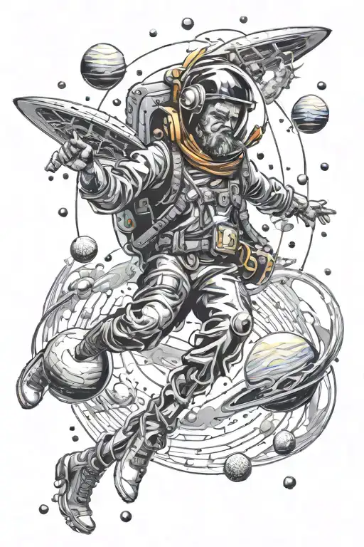 Man Flying In Space Surrouned By Planets And Aliens