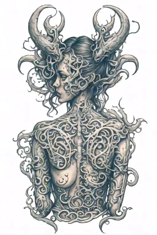 Back Tattoo With Demons And Beautiful Woman