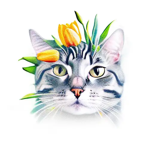 A Gray Stripped Cat With Tulips Van Gohg Style