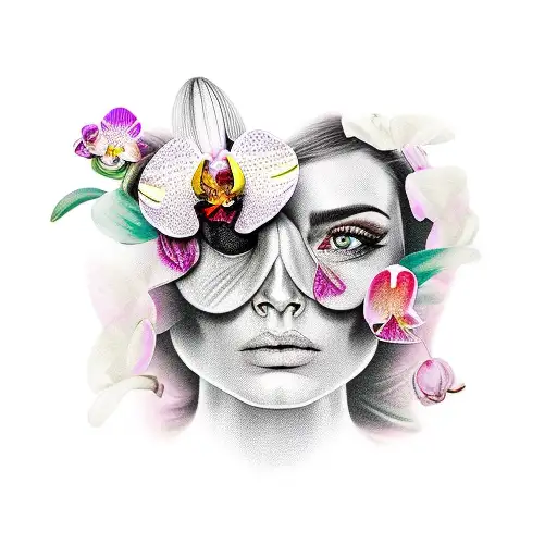 Half Destroyed Face Of Woman With Orchid Plant