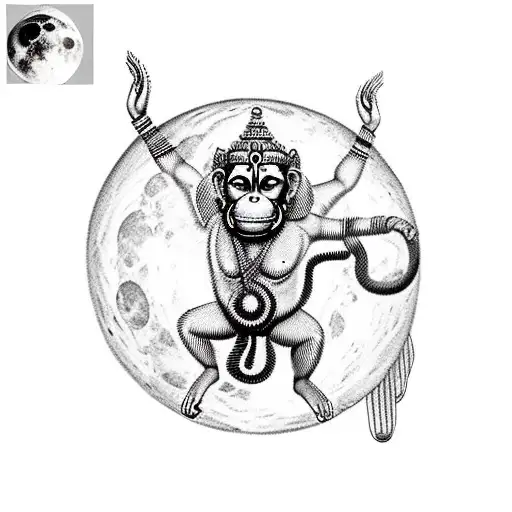 God Hanuman Flying With Full Moon Behind Him