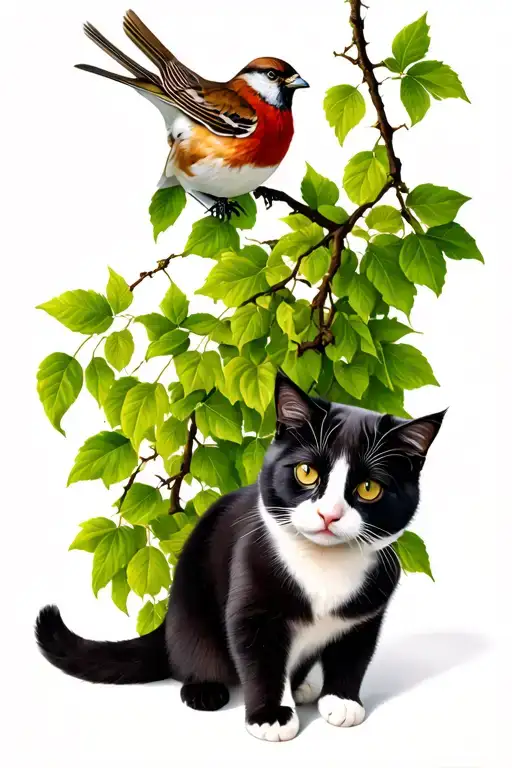 Vine With Sparrow On It And The Tuxedo Cat Under It