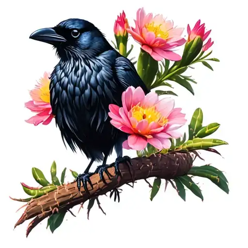 Flowering Cactus And Raven Perched On A Stack