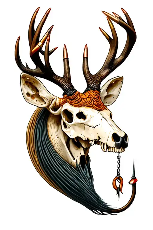 Fish Tail Wrapped Deer Buck Skull Fishing Hook And Bullet
