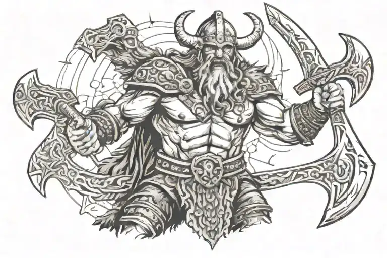 Berserker Viking Warrior Wielding Two Axes And Raging
