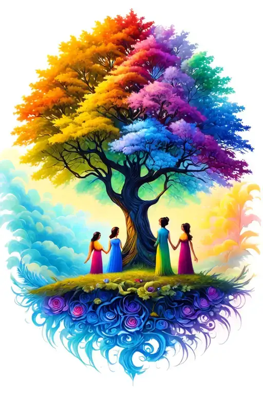 Mother And Two Daughters In The Form Of A 4 Season Tree