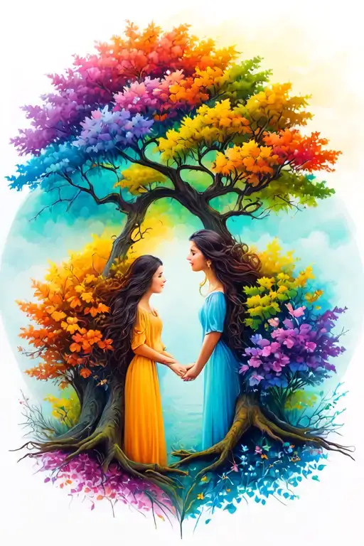 Mother And Two Daughter Tree Tattoo Design Incorporating Four Seasons