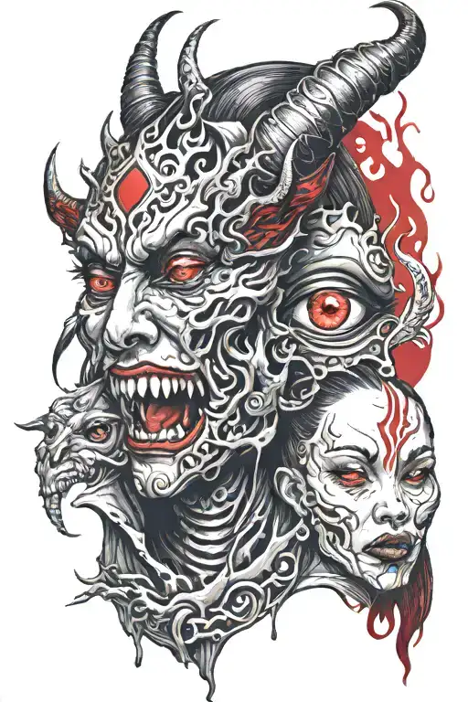 Demon With Red Eyes And A Chinese Girl Crying Eye