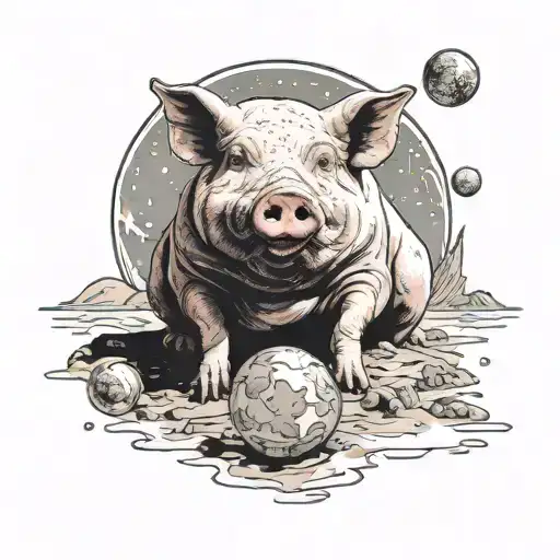 An Illustrative Pig Sitting On Mars With Other Celestial Features In The Background