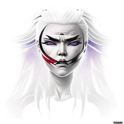 Girl Ninja With White Hair A Scar In Her One Eye A Katana And Hair Bandana Tattoo Style