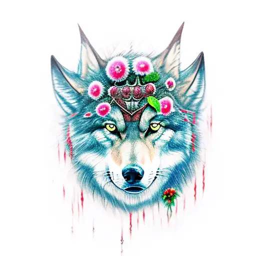 Princess Mononoke From Ghibli Movie With Wolf And Flowers