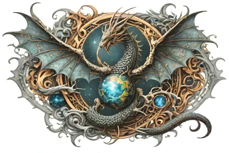 Space And Dragon Flying Full Back Tattoo Symmetrical