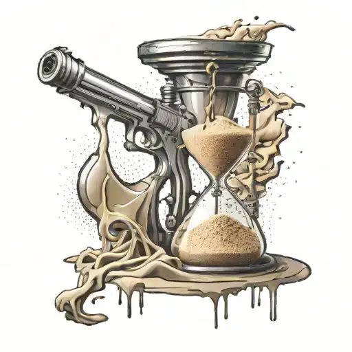 An Hourglass Cracked Pouring Sand On The Gun That Drips Blood