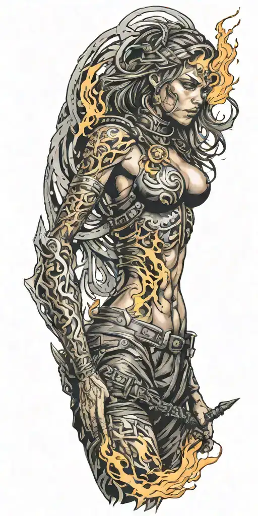 Girl Warrior Around Her Fire Flames