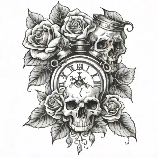Skull Roses And Old Clock