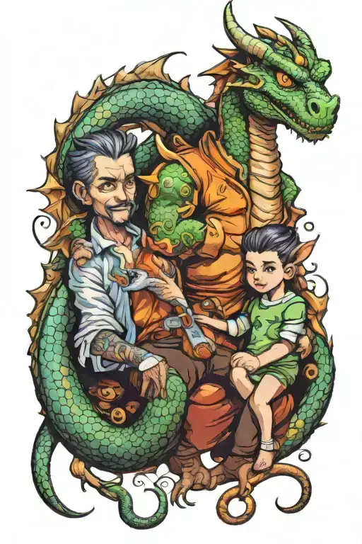 Cartoon Dragon Father Holding Dragon Daughter