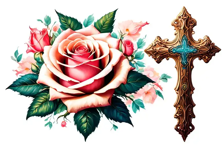 Cross And Rose Surrounded